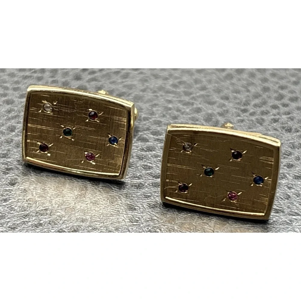 Vintage 12K Gold Filled Cufflinks Multicolor Rhinestone Modernist MCM Design
